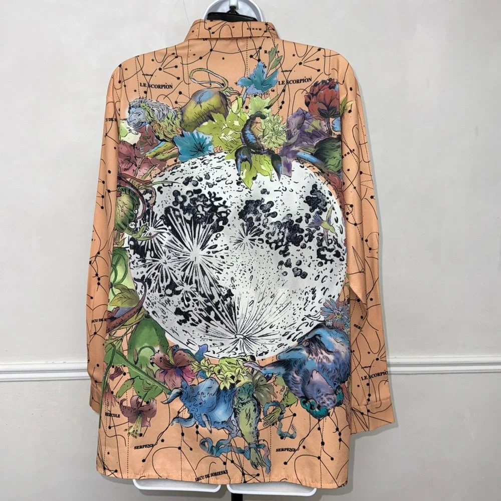 Chanel Celestial Zodiac Moon Print Cotton Button Down Shirt Peach Long Sleeve